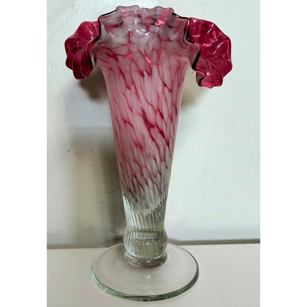 9" Murano Glass Vase Spatter Cranberry Ruffled Rim Hand Blown Mid Centur Vintage